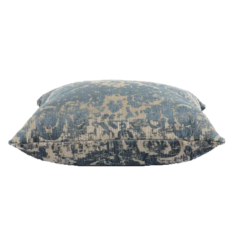 A square decorative throw pillow featuring an abstract distressed pattern in navy blue and beige, isolated on a white background.