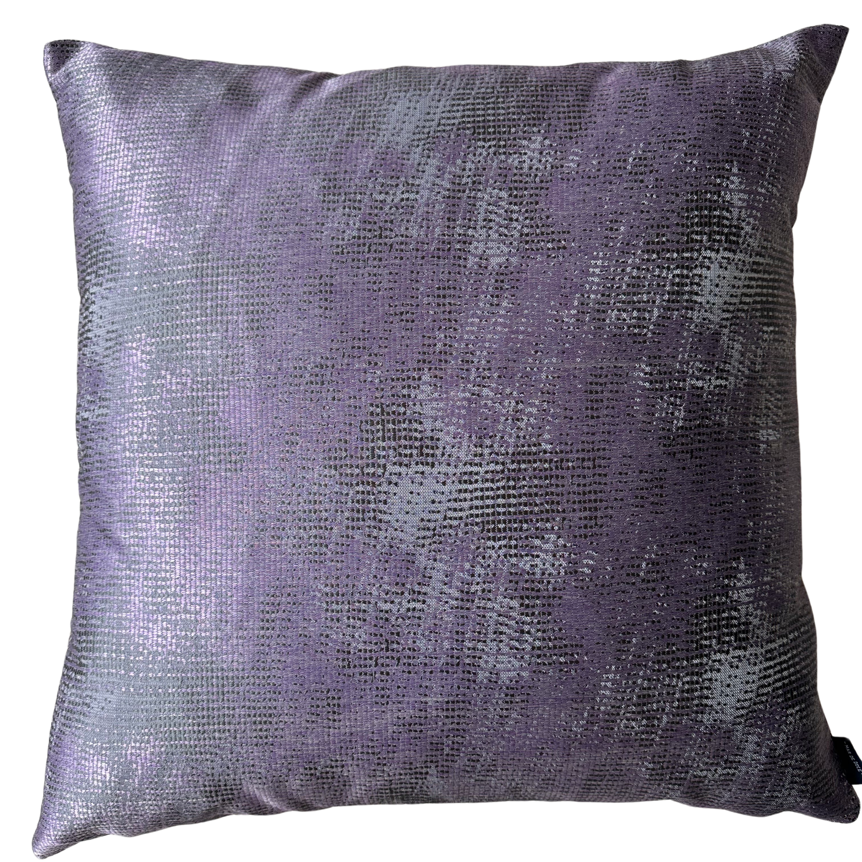 A square decorative throw pillow in a textured, metallic purple fabric with a subtle sheen, shown against a plain white background.